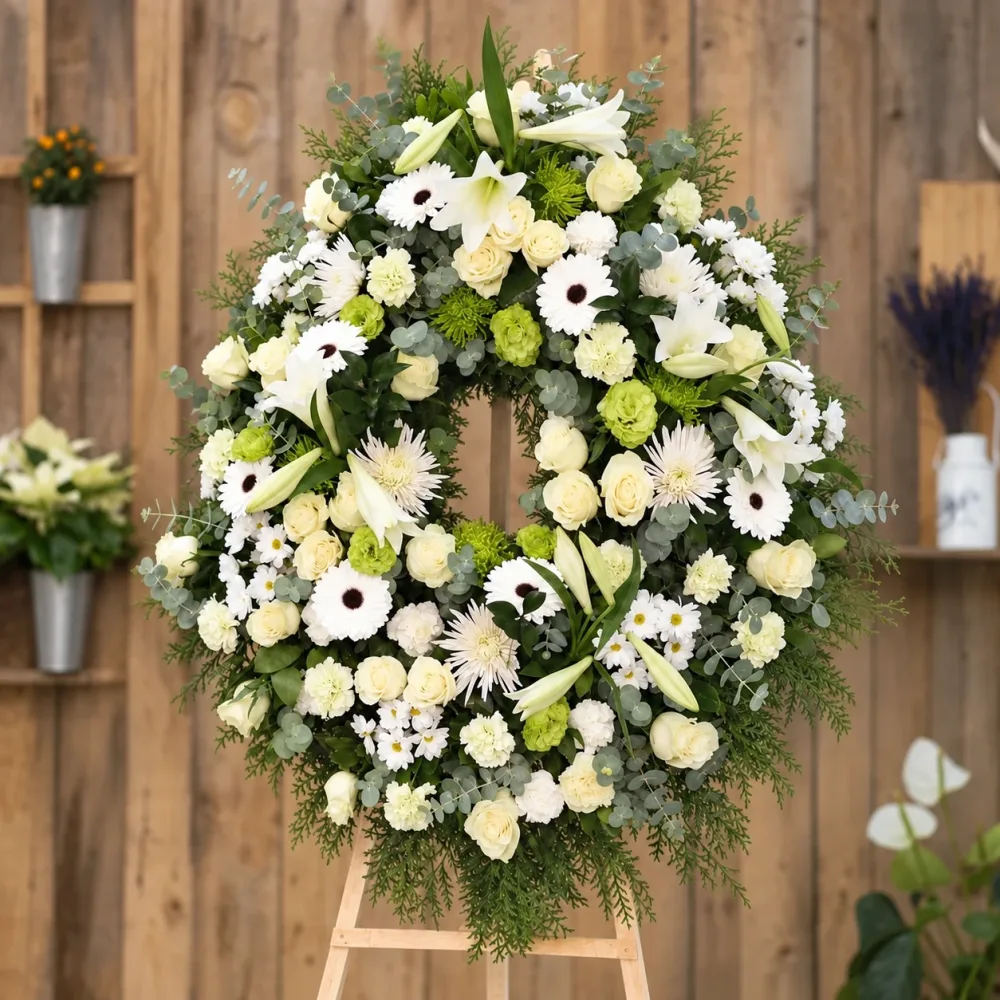 Corona de flores blancas, crema y verdes para una despedida