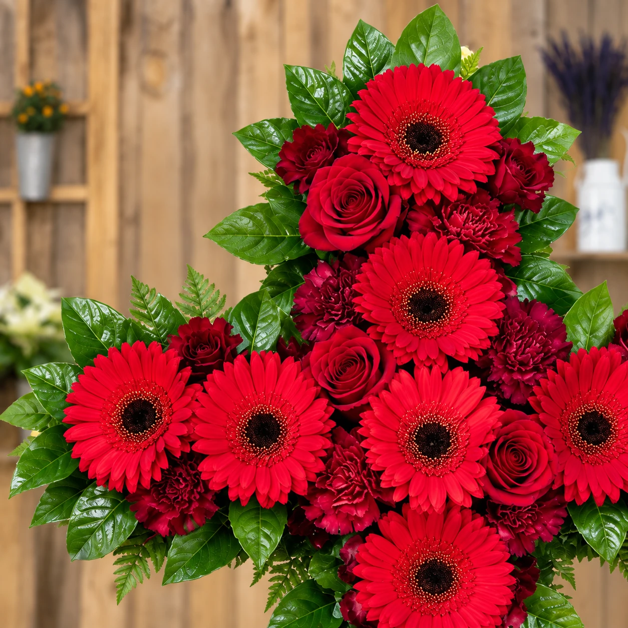 Cruz De Flores "Polo Sur" 13 Cruz De Flores "Polo Sur" — detalle ilustrativo: Gerberas y rosas rojas