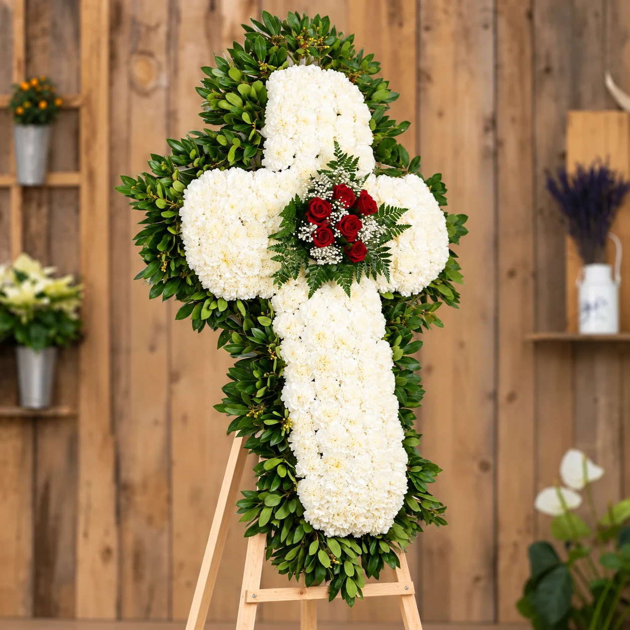 Cruz De Flores Blanca Con Rosas – Segundo ángulo Cruz De Flores Blanca Con Rosas - Segundo ángulo